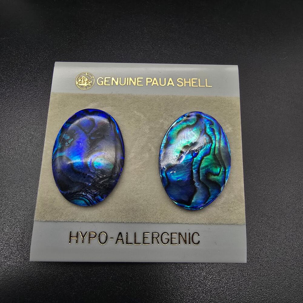 Blue Paua Shell Oval Earrings Pierced Post On Card